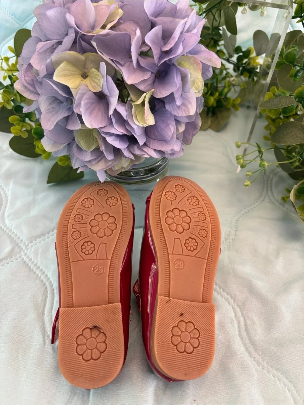 Red Patent Mary Jane Girls' Shoes with row of hearts Accent
